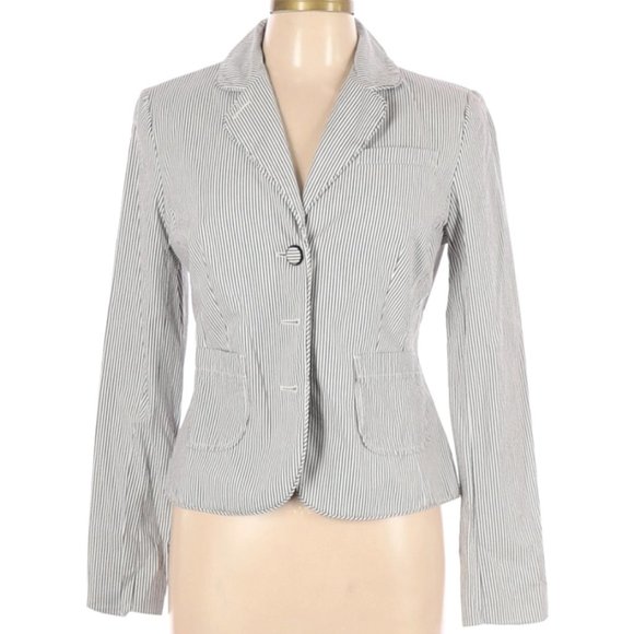 Ann Taylor LOFT 100% Cotton Striped Gray Blazer - Picture 1 of 2